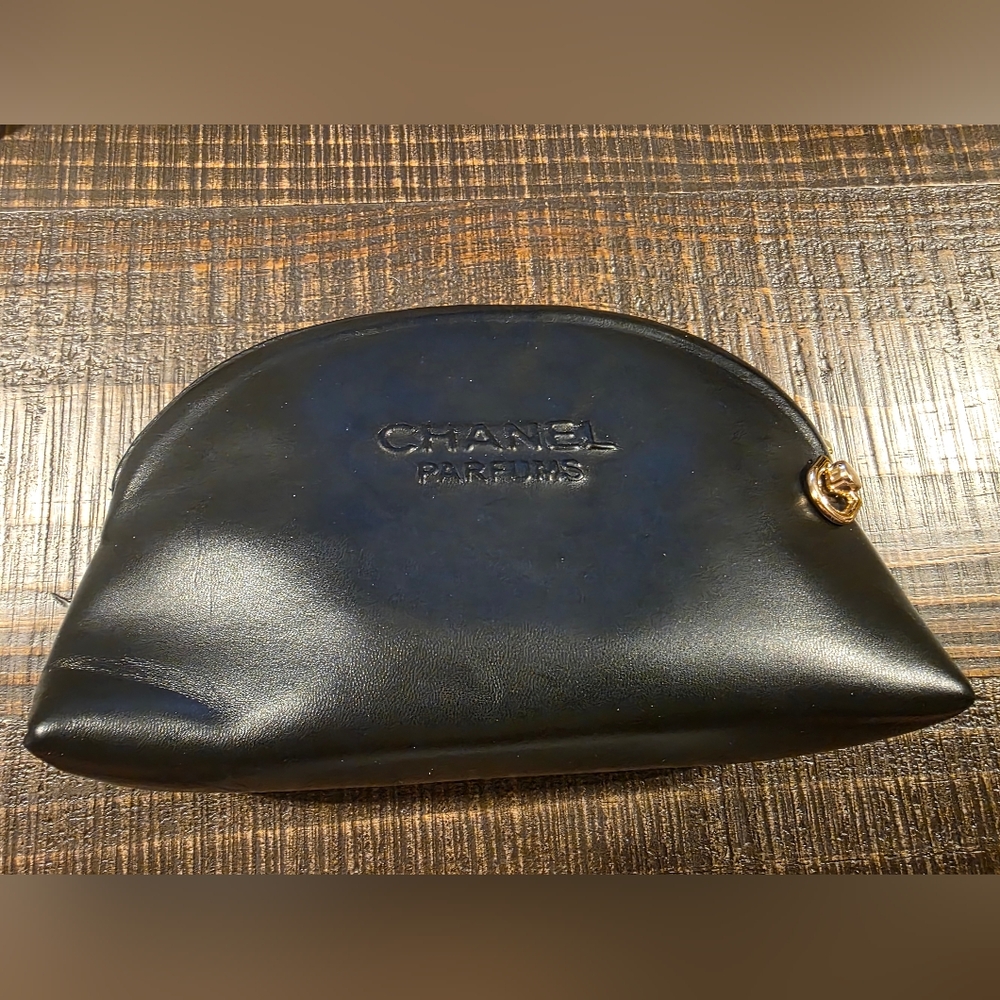 CHANEL Parfumes Black Faux Leather Cosmetic Bag